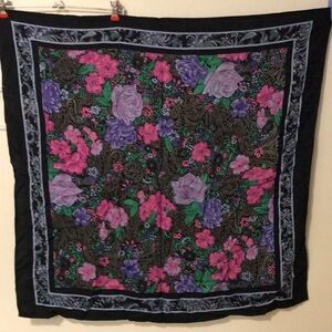 90s Floral Square Scarf in Black with Pink & Purple Roses